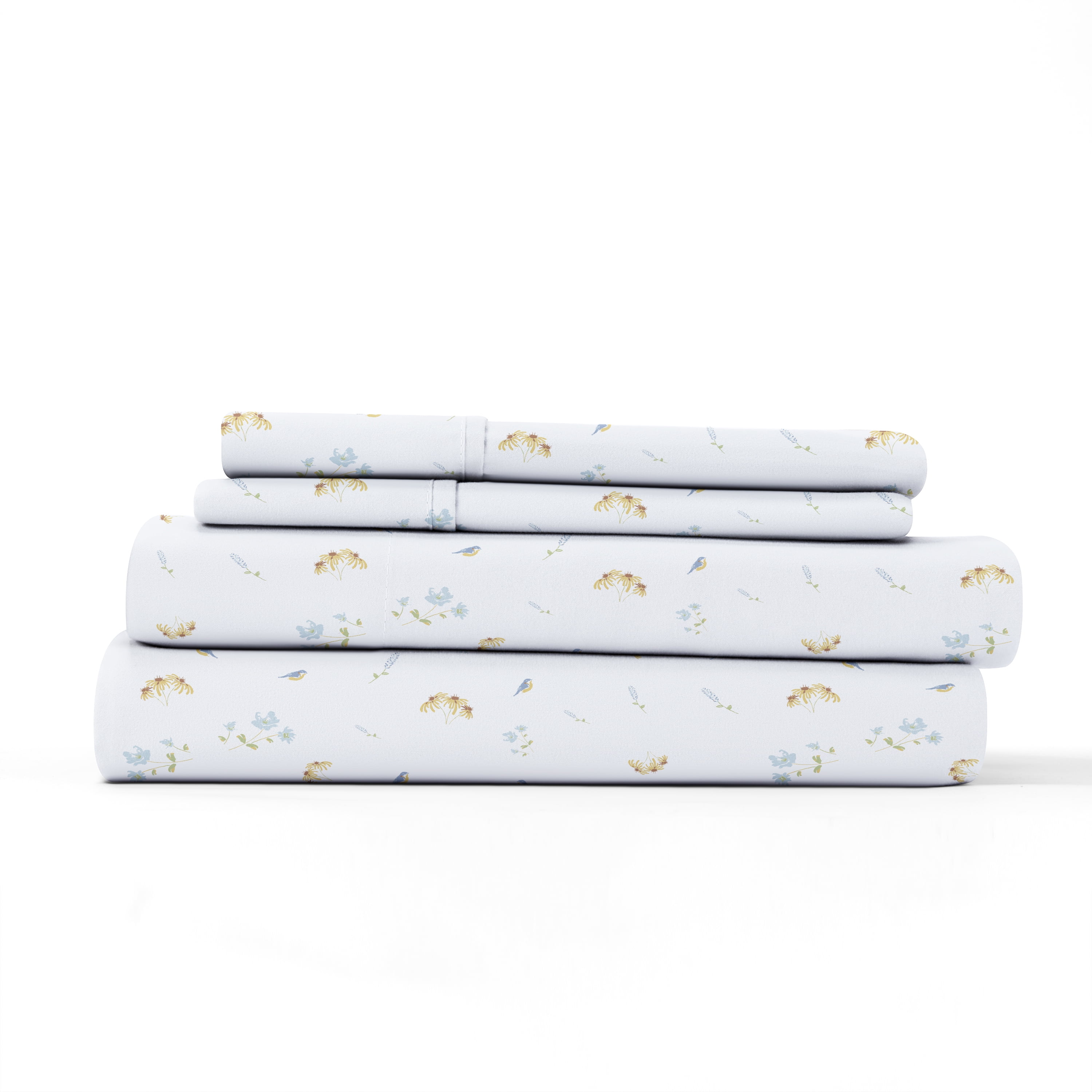 Noble Linens 4 Piece Pattern Microfiber Bed Sheets Set, Light Blue Bluebirds, California King