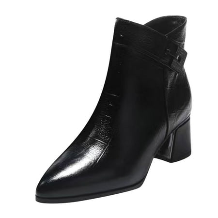 

Black Boots for Women Fashion Autumn Women Ankle Boots Chunky Heel Middle Heel Solid Color Pointed Toe Side Zipper Casual Style Ankle Boots for Women PU Black