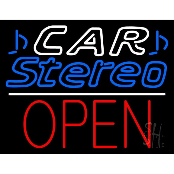 Car Stereo Open White Line LED Neon Sign 24 x 31 - inches, Clear Edge Cut Acrylic Backing, with Dimmer - Bright and Premium built indoor LED Neon Sign for Computer & Electronics store decor.