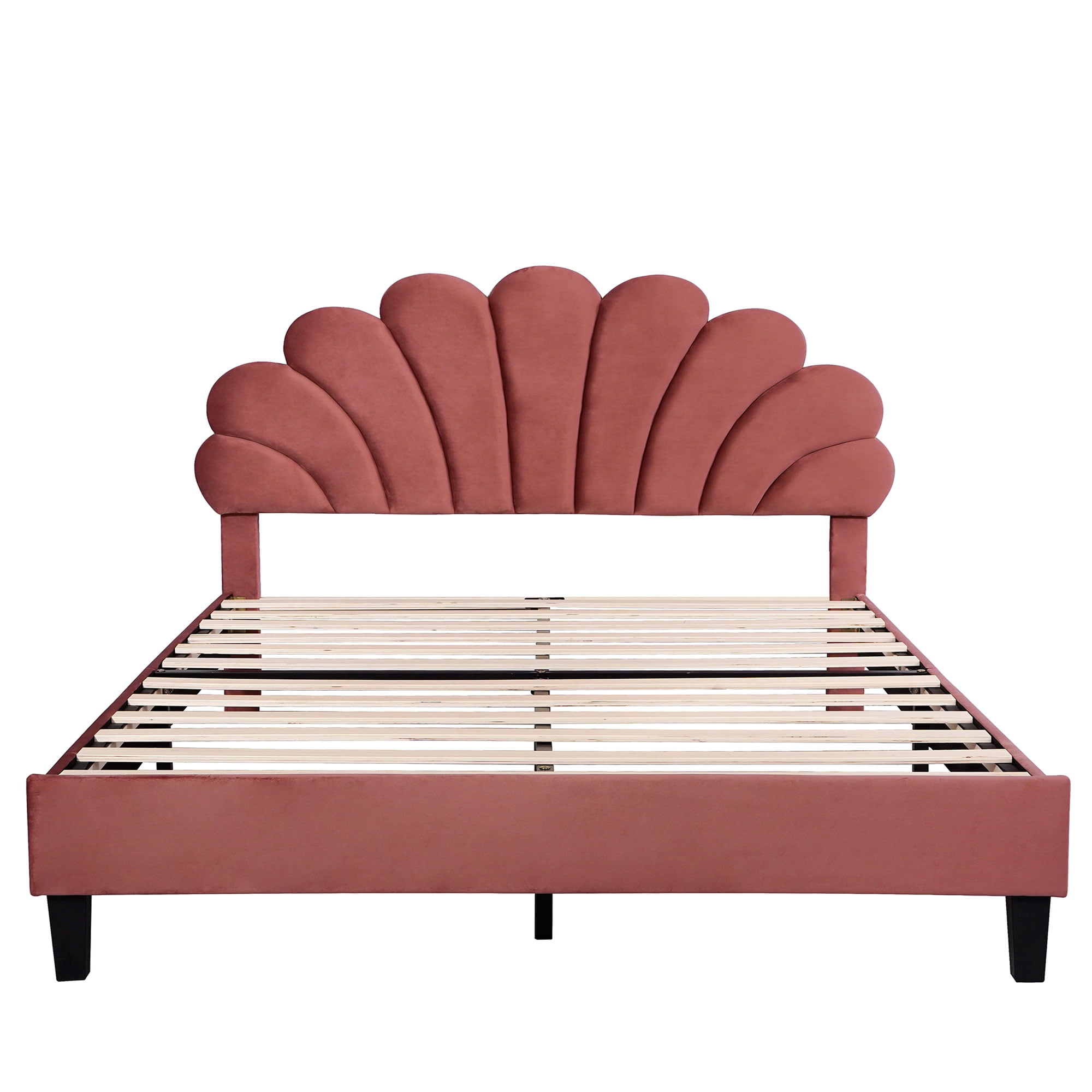 Aukfa Queen Bed Frame with Flower Upholstered Headboard, Wood Slats Support, Bean Red