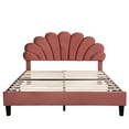 thumbnail image 3 of Queen Size Velvet Upholstered Platform Bed with Headboard, Stylish Queen Wood Bed Frame with Flower Pattern Headboard and Wooden Slats Support, Bean Paste Red, 3 of 12