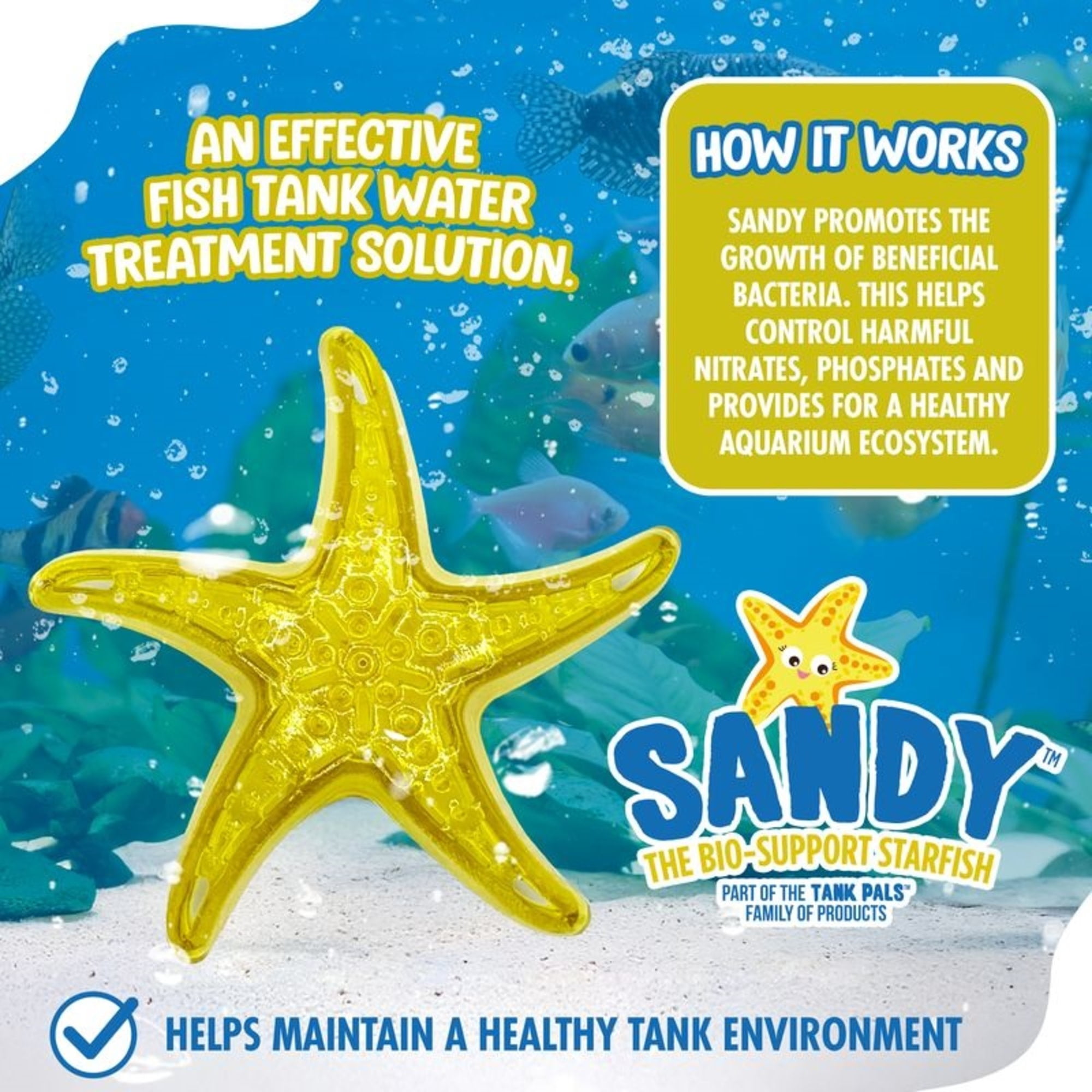 Tank Pals: Sandy The Bio-Support Starfish - 3 Pack, Yellow- Promotes A Healthy Balanced Aquarium Ecosystem, Probiotic Growth, Tank Environment Control