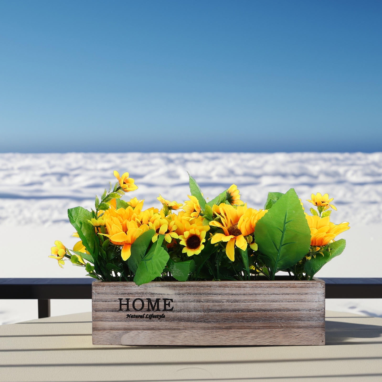 Rustic Sunflowers Potted Plant Artificial Flowers Bouquets In Rectangular Wooden Planter Summer Floral Centerpiece For Farmhouse Kitchen Country Table Decor