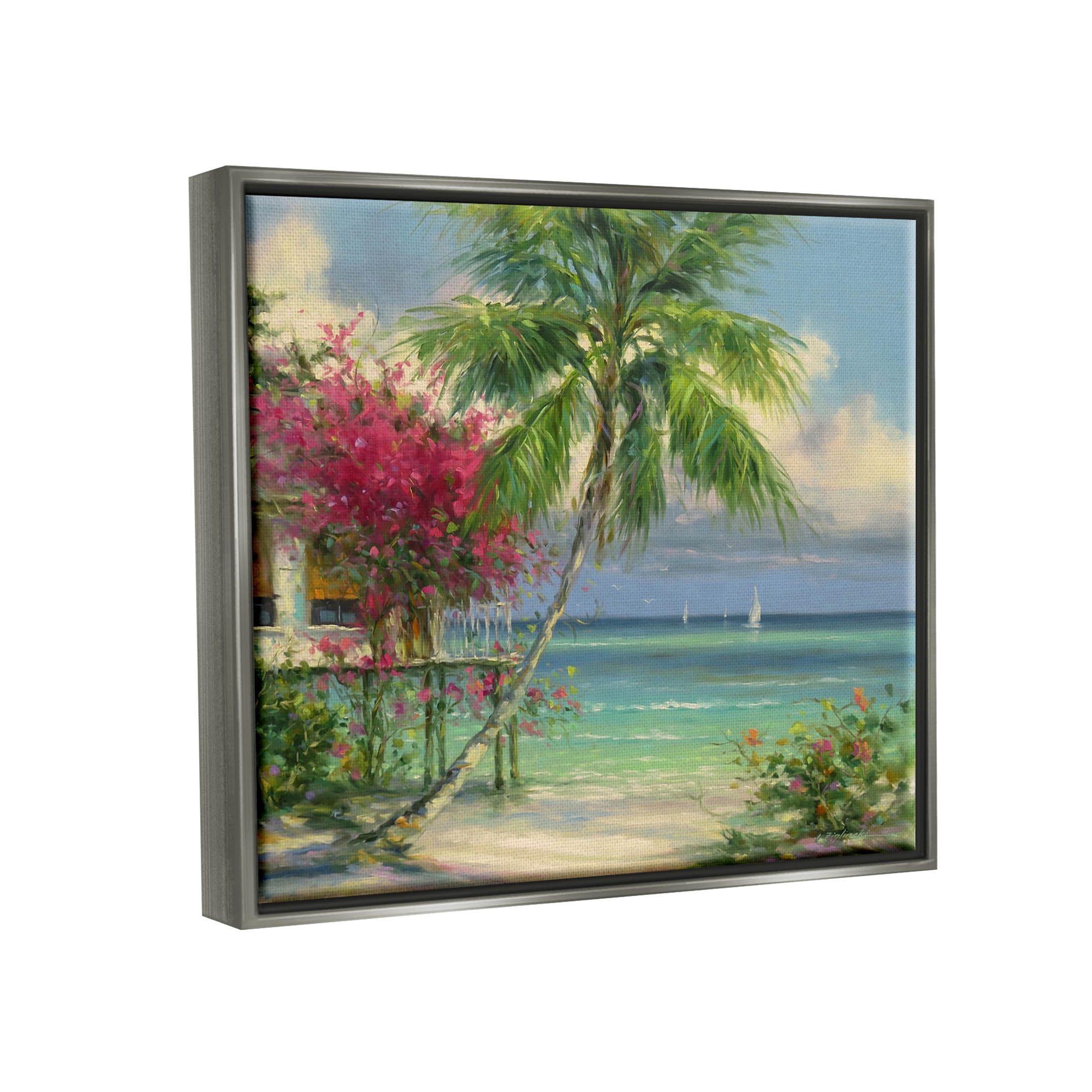 Floral Tropical Summer Vacation Resort Landscape Painting Luster Gray Framed Art Print Wall Art