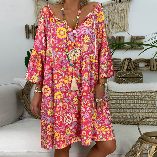 Jienlioq Robe Formelle pour Femmes Robe Ample à Imprimé Floral Manches Trois-Quarts Mini Robe d'Été