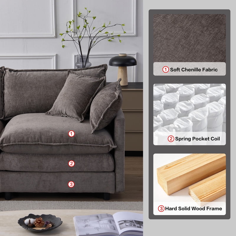 105" Modular Sectional Couch, 3-Seater Soft Chenille L-Shaped Sofa with Ottoman, Upholstery Sofa Couch with Pocket Coil & High-Density Foam for Living Room