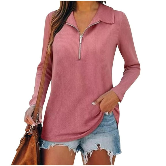 Women 1/4 Zip Pullover Rib-Knit Long Sleeve Lapel Neck Tunic Tops Loose Fit Solid Dressy Casual Fall Spring Clothes (XL, Pink)