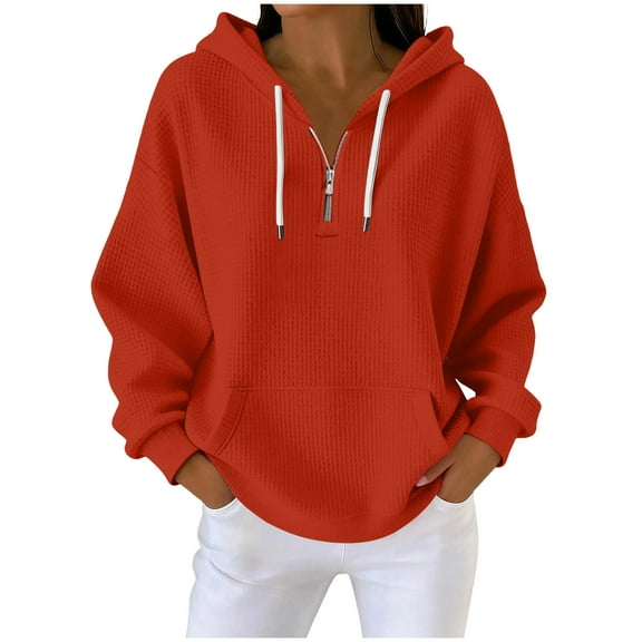 Waffle Knit Hoodies for Women Drawstring Half ZipHooded Sweatshirts with Kangaroo Pocket Athletic Workout Shirt Lightweight Slim-Fit Hoodie Fashion Trendy Tees Business Casual Outfits Red S