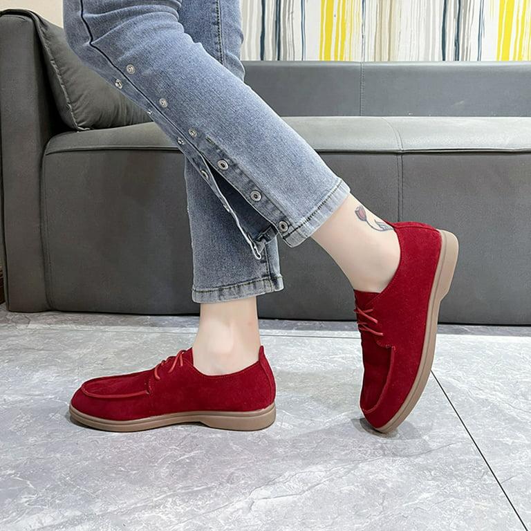Cathalem Summer Shoes for Women Casual Suede Flat Front Lace Up Casual  Flock Single Shoes Causal Women Shoes Wide Width Casual Red 7.5 
