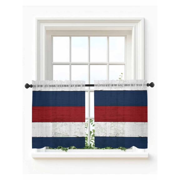 Red Navy Blue Stripe Tier Curtains 36 Inch Length,Sheer Curtains for Bedroom Living Room Window Retro Farmhouse Striped Vintage Voile Drapes Kitchen Curtains Small Half Window 27.5"x36" 2 Panels