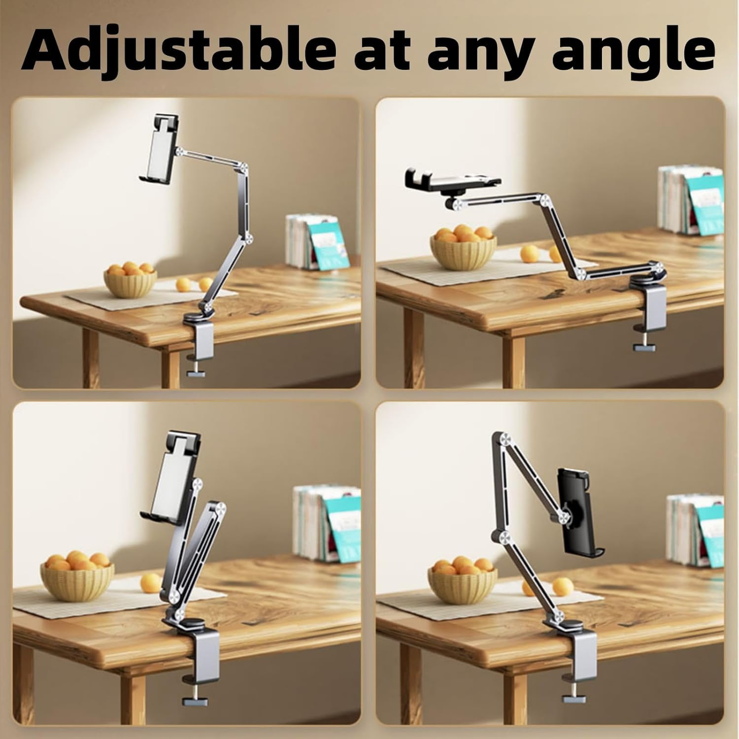 Adjustable Phone Tablet Mount, Ergonomic Multi Joint Stand with Sturdy Desk Clamp, 360° Rotatable & Height Compatible with Devices for Home,Office,Studio(Silver)