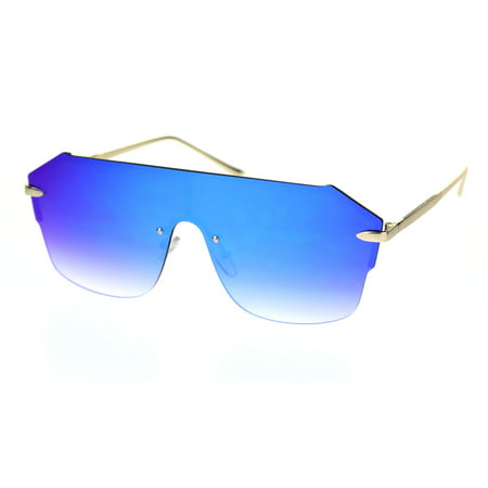 Robotic Rimless Shield Futuristic Luxury Hip Hop Sunglasses Gold Blue Mirror