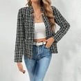 thumbnail image 5 of Tweed Plaid Blazer Jacket for Women Full Sleeve Stand Collar Open Front Cardigan Outerwear Black M, 5 of 6