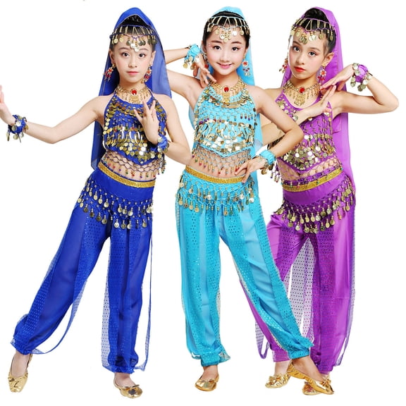 Rvusndi Belly Dance Outfit for Girls Kids Dancing Performence Suits Sequin Mesh Sets Trendy Outfit for Children Stage Show Party Wear 11-12 Years