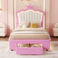thumbnail image 4 of Twin Size Upholstered Bed Frame with LED Lights, Modern Upholstered Princess Bed with Crown Headboard, a Drawer, Pink+White, 4 of 5