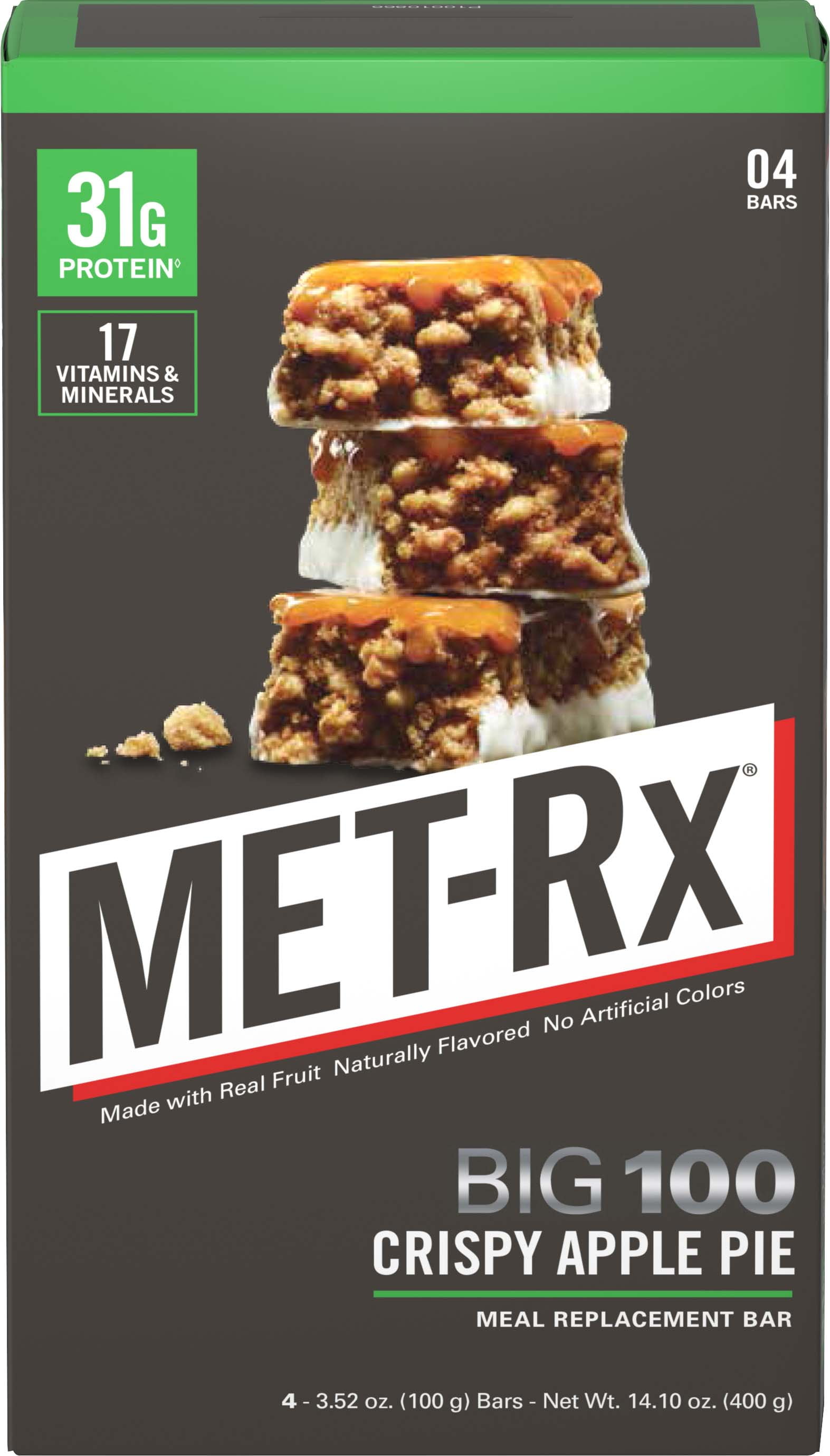 MET-Rx Big 100 Colossal Protein Bars, Crispy Apple Pie Meal Replacement Bars, 4 Count