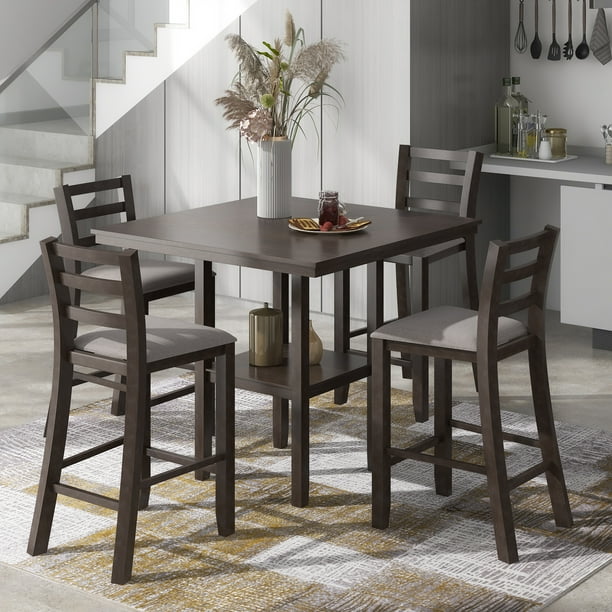 TREXM 5Piece Wooden Counter Height Dining Set with Padded Chairs and