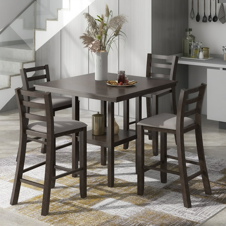 5 Piece Wooden Counter Height Dining Table Set Square Dining Table