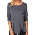 thumbnail image 1 of T-Shirts Décontractés Amples à Manches Longues pour Femmes, Col Rond, Encolure Irrégulière, Décor de Boutons, Hauts de Printemps Été Automne, Blouse Unie, 1 of 1