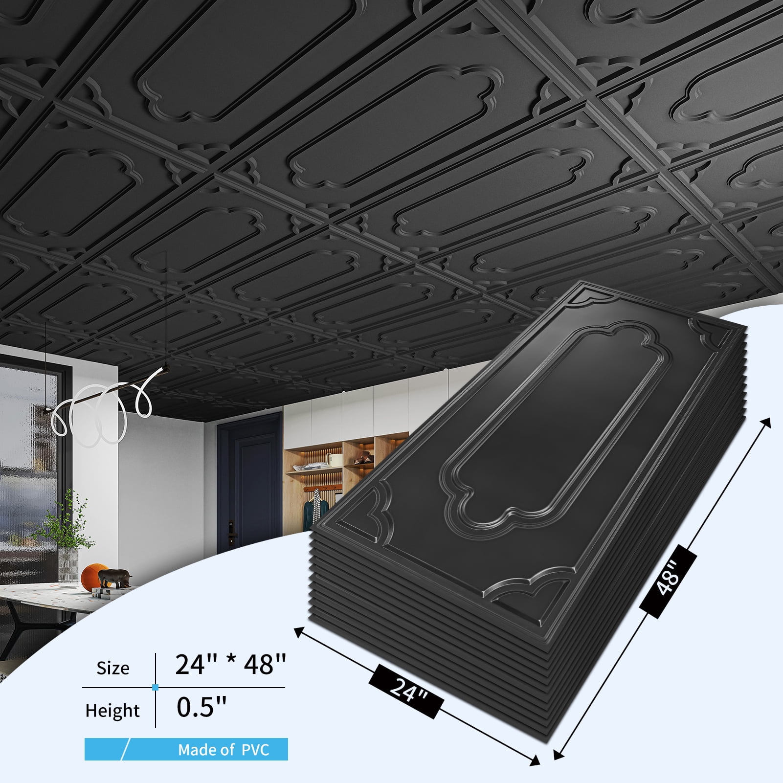 Art3d 12-Pack PVC Drop Ceiling Tiles，24x48in Glue up Ceiling Tile，Cover 96 sq.ft-Black