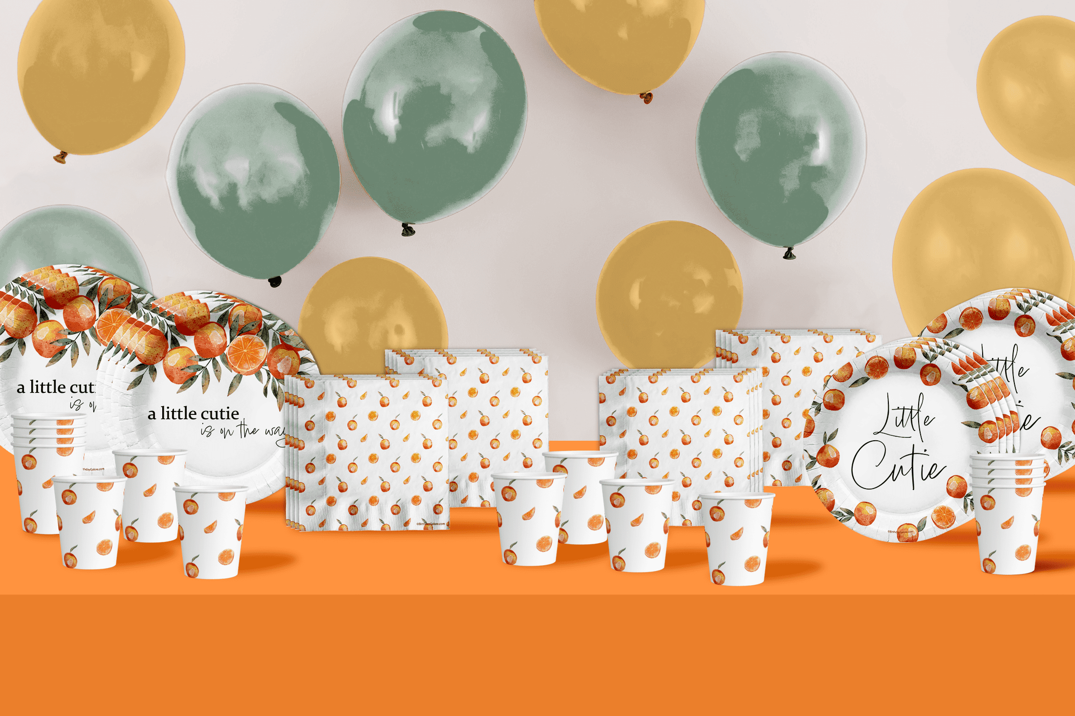 Our Little Cutie Is On The Way Baby Shower Party Supplies - 64 Piece Oranges Baby Shower Tableware Set Includes Large 9" Dinner Plates and 8" Dessert Paper Plates Napkins Cups - Kit for 16