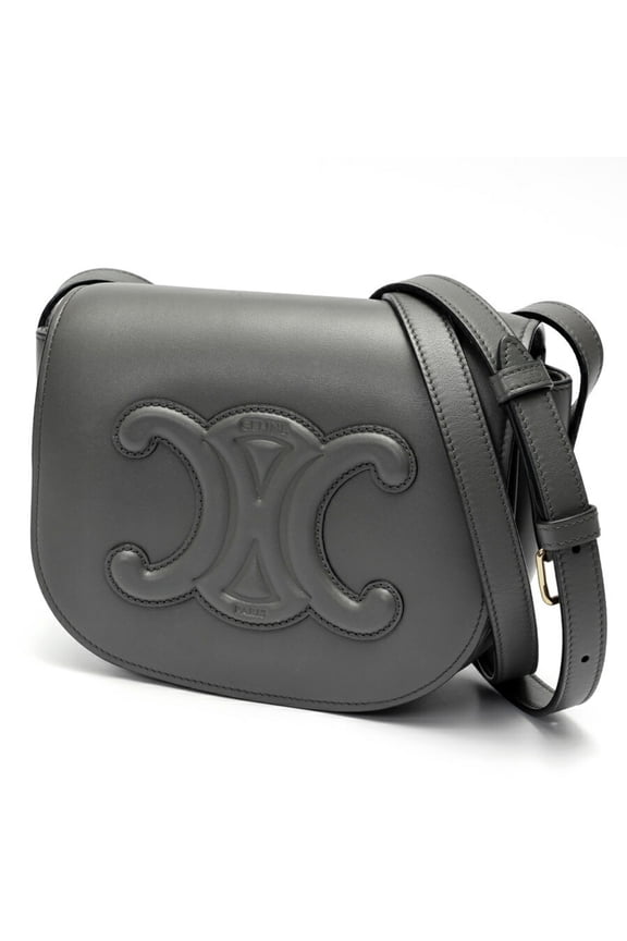 Pre-Owned CELINE Folco Cuir Triomphe Shoulder Bag 19826 Smooth Calfskin Grey E-158337 (Good)