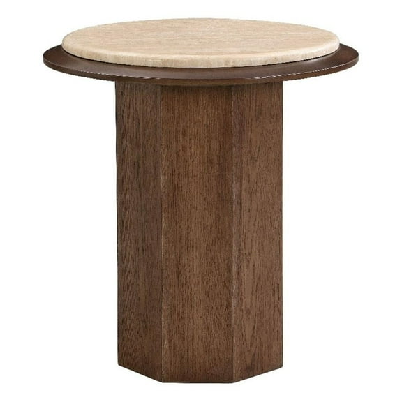 ACME Kasha End Table in Travertine Top & Walnut