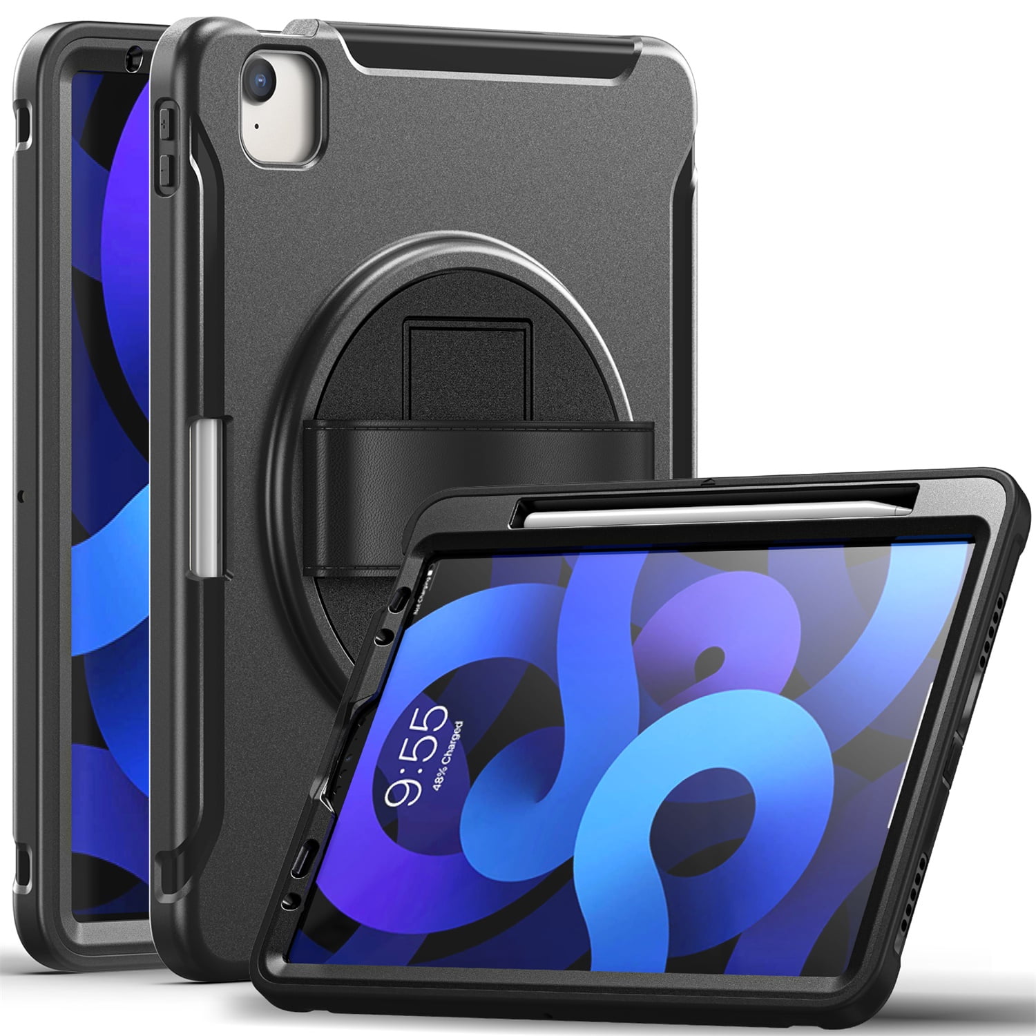 SaniMore for Apple iPad Air 11 2024 Case, 3 Layers Multi-Functional Case with Pencil Holder & Hand Strap Multi-Angle Kickstand Shockproof Protective Case for Women Men, Black