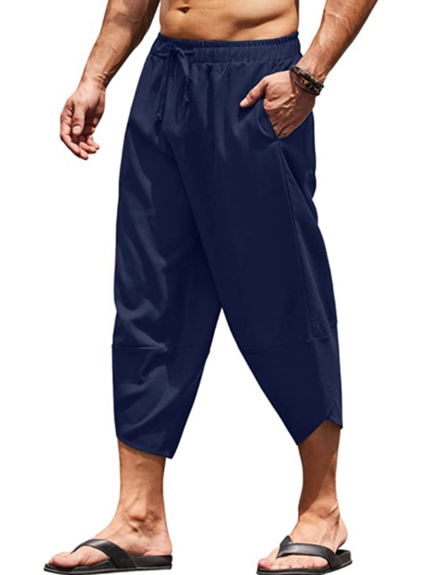 Frontwalk Mens Loose Capri Pants Elastic Waist Wide Leg Harem Baggy