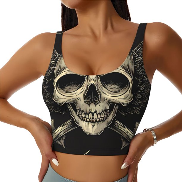 Fotbe Gothic Winged Skull Sujetador Deportivo Largo sin Aros para Mujer con Almohadillas y Soporte Medio, Transpirable y Absorbente, Camiseta Tipo Chaleco o Tank Top-Small