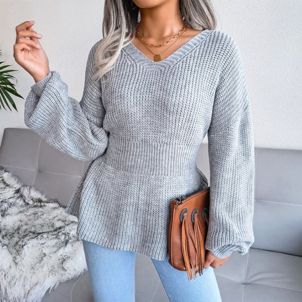 Women Autumn Winter Knitted Sweater, Lantern Sleeve Tight Waist Sweater Hem Ruffle For Home ANGGREK Gris M