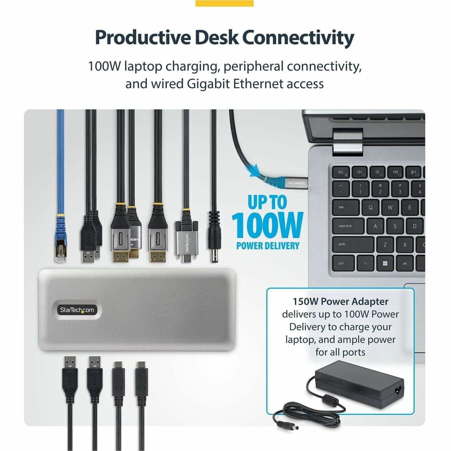 StarTech Triple-Monitor USB-C Docking Station, DP / HDMI, 4K 60Hz, 100W Laptop Charging, 1GbE, Driverless, Multi-Monitor Dock