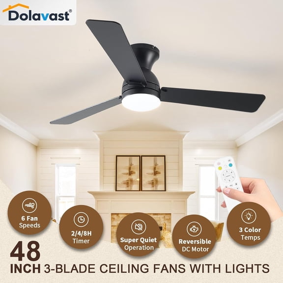 Ceiling Fans with Lights, 48 inch Low  Ceiling Fan with Light and Remote Control, Flush Mount, Reversible, 3CCT, Dimmable LED, Noiseless, Black Ceiling Fan for Bedroom, Dining Room
