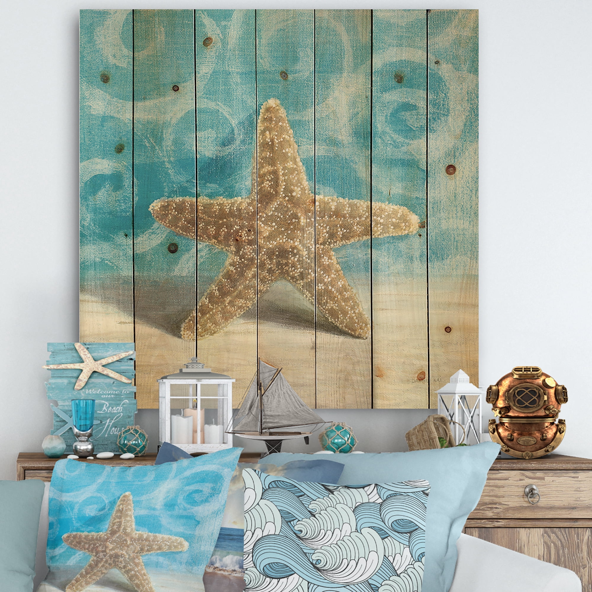 Designart 'Composition from the Sea II' Nautical & Coastal Print on Natural Pine Wood