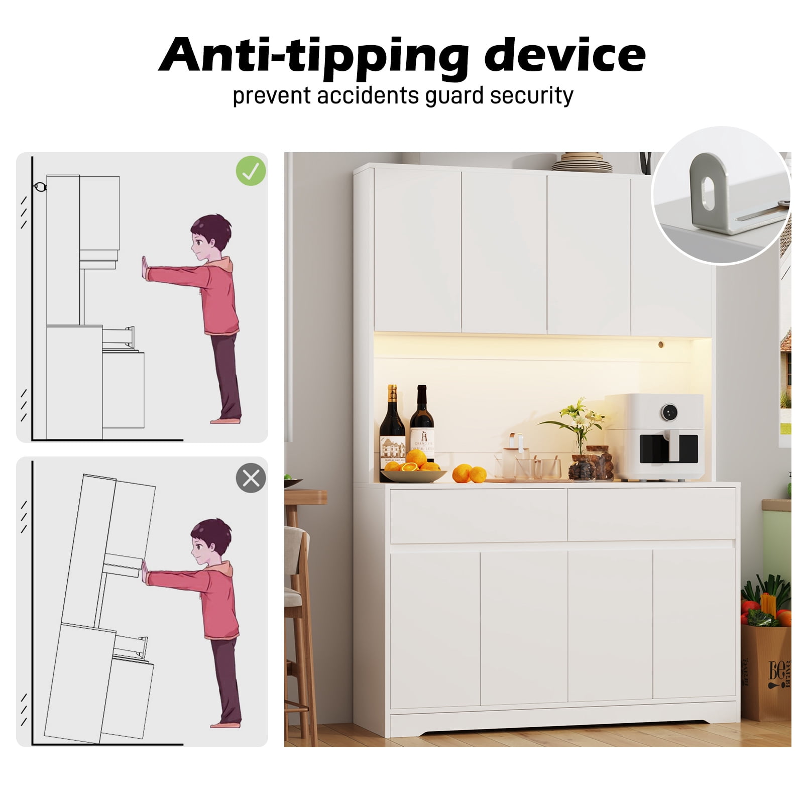 71" Tall Kitchen Pantry with LED Light & Charging Station, 8 Door Kitchen Cupboard with Large Storage and Microwave Stand, Freestanding Hutch Cabinet for Dining Living Room