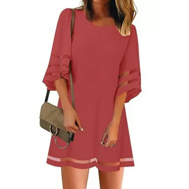 Daeful Robes Courtes Manches Été Plage Robe d'Été Mini Robe Unie Dames Aguichant Bohème Col Rond Rouge m
