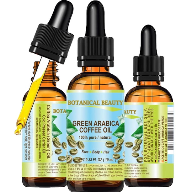 Belleza botánica ACEITE DE CAFÉ VERDE ARÁBICA Brasileño puro Virgen sin refinar 0.33 Fl.oz- 10 ml. para cara, piel, cabello, labios, uñas. Aceite facial antiedad