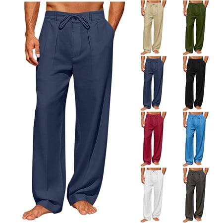 QIUOMBBP Mens Golf Pants Summer Loose Breathable Linen Trousers for Yoga Elastic Waist Drawstring Lightweight Straight Leg Pant Army Green XXL