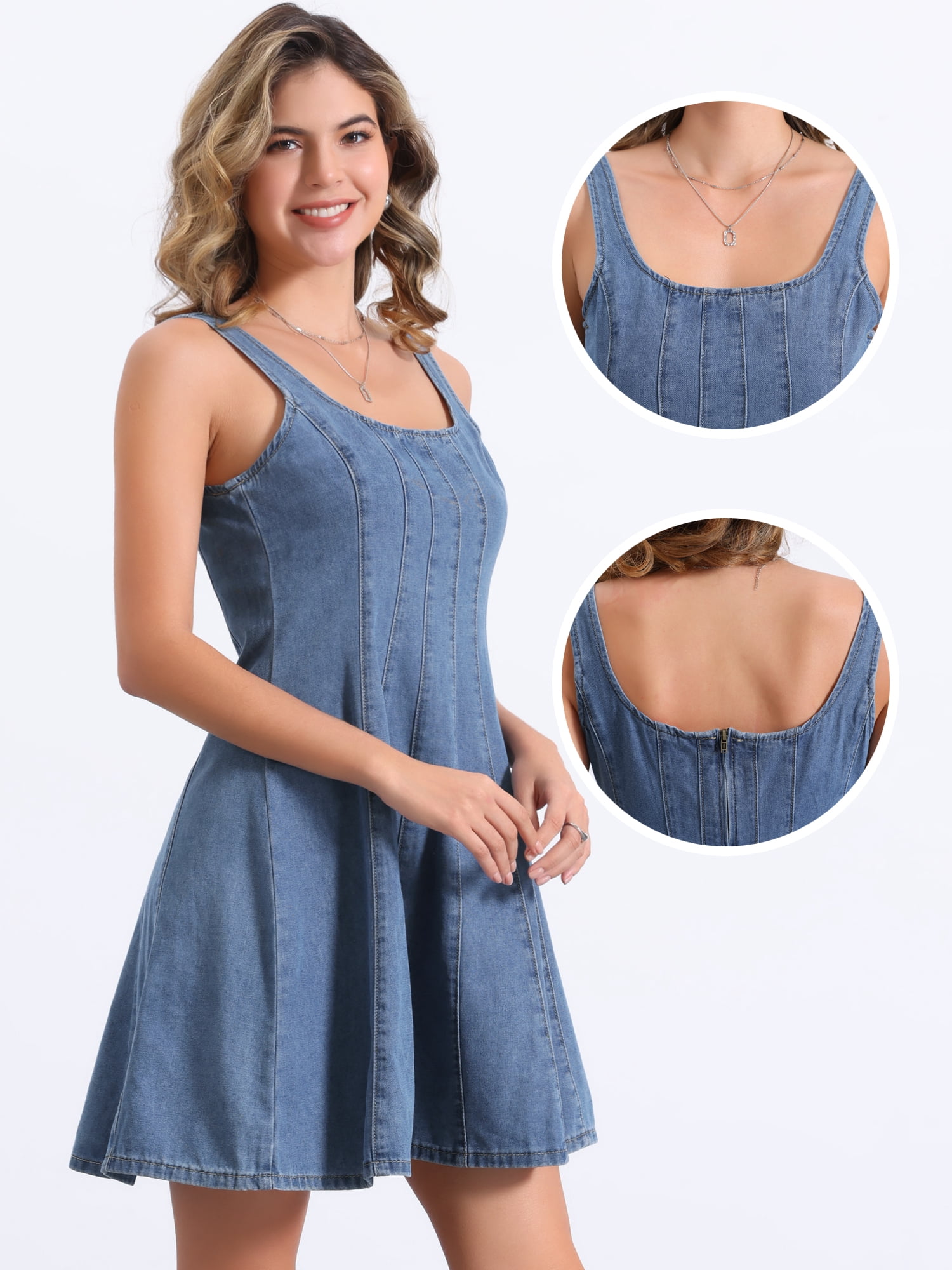 DARING DIVA Stylish Denim Casual Tank Square Neck Mini Dress M Light Blue