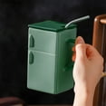 thumbnail image 5 of Blueek Vintage Ceramic Mug with Lid & Straw - Unique Refrigerator Design, Perfect Office Couples Gift, Fun Home Decor, 760ml, Green, 5 of 7