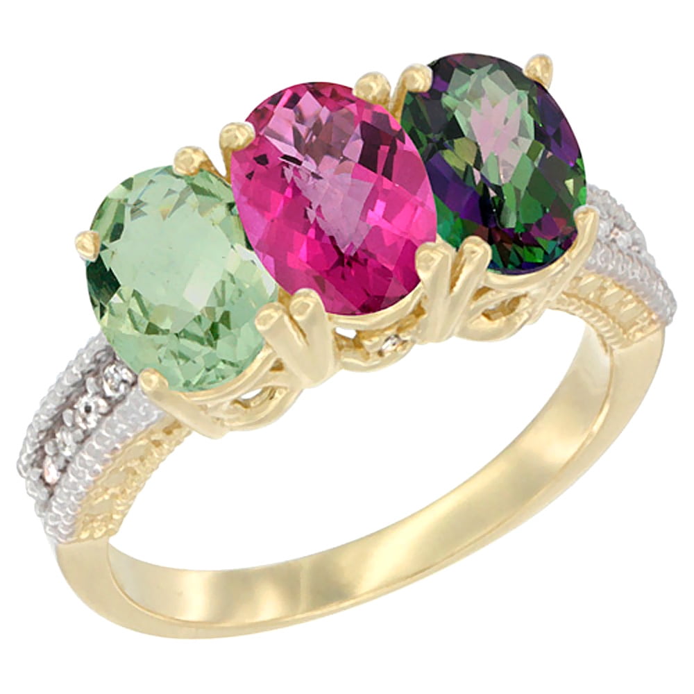 10K Yellow Gold Diamond Natural Green Amethyst, Pink Topaz & Mystic Topaz Ring Oval 3-Stone 7x5 mm,sizes 5-10 by WorldJewels