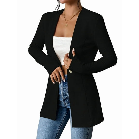 Women'S Casual One Button Waffle Open Front Long Sleeve Work Office Suit Jackets Black M