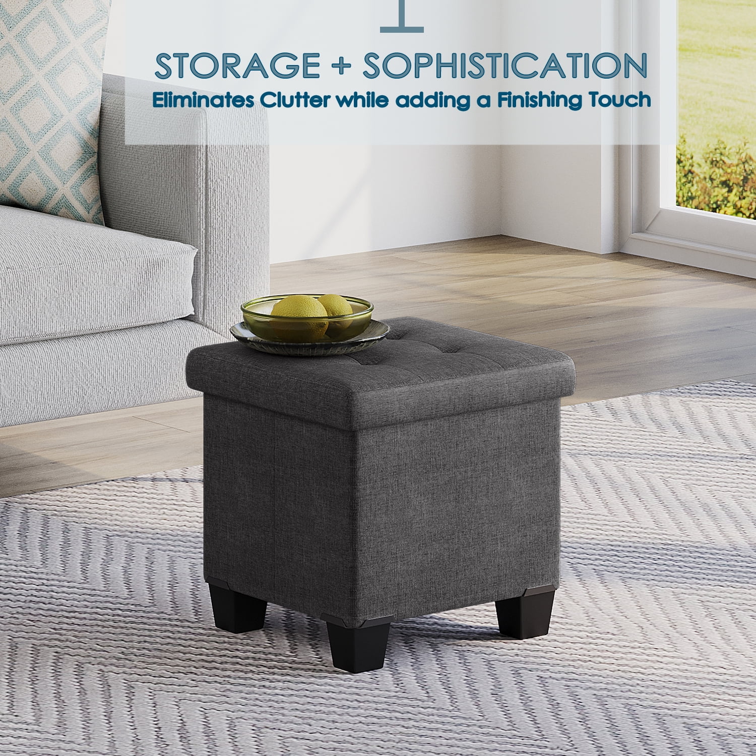 StorageBud Ottoman with Storage Bench, 15-inch Foot Stool Storage Ottoman, Linen, Gray