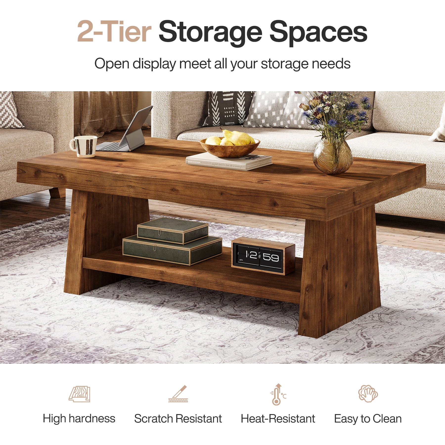 Finmind 2-Tier Solid Wood Coffee Table, 47-Inch Farmhouse Center Table with Storage,Rectangular Tea Table for Living Room, Natural Brown