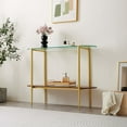 thumbnail image 4 of Rectangle Coffee Table Mid-Century Modern Design L W x H for Living Room - Structure Amber Glass Top and Walnut MDF Shelf Sleek Conical Metal Legs with Gold Finish, 4 of 8