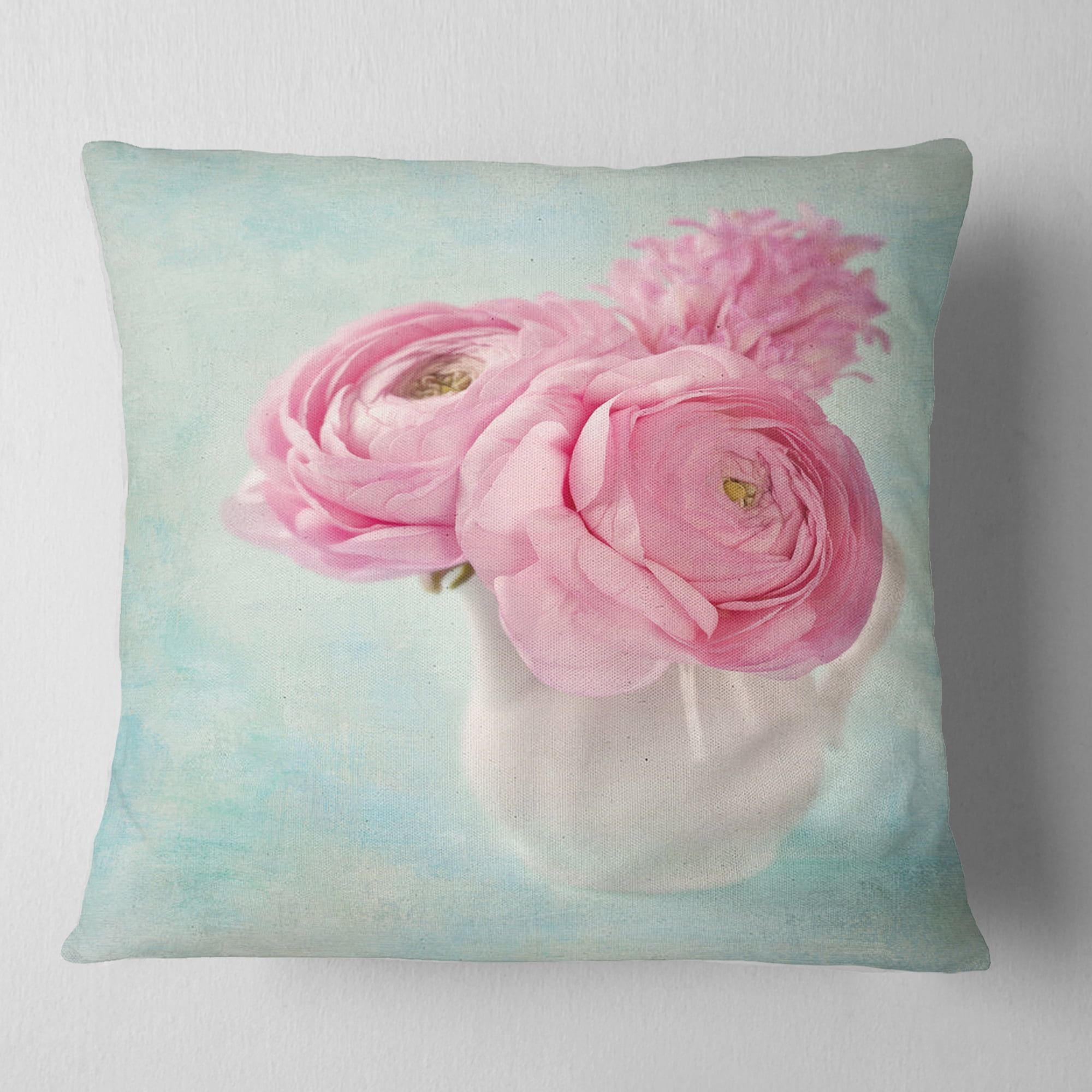 Designart Pink Ranunculus Flowers in Vase - Floral Throw Pillow - 16x16