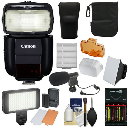 Canon Speedlite 430EX III-RT Flash with Soft Box + Batteries & Charger + LED Video Light & Microphone
