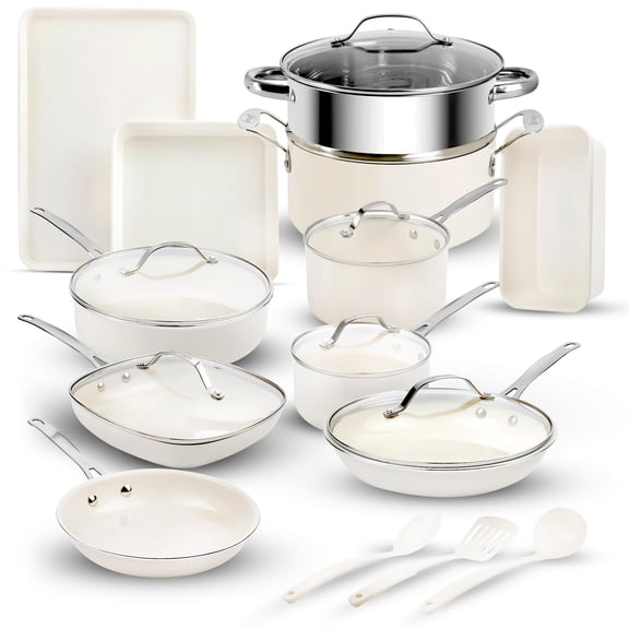 Gotham Steel TRUE VALUE 20 Pc Ceramic Pots and Pans Set Non Stick, Ceramic Cookware Set with Bakeware, Pot and Pan Set with Utensils, Non Stick Pots and Pan Set, Oven & Dishwasher Safe, Cream