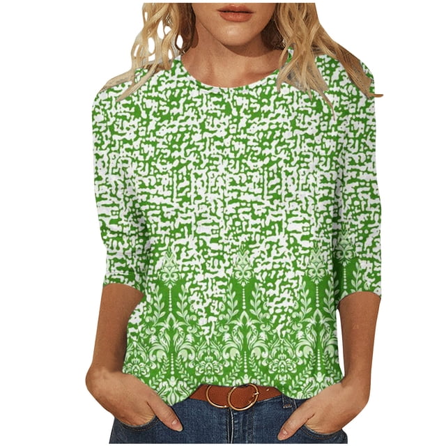 Pompotops Mode Femme Col Rond T-Shirt Manches 3/4 Blouse Imprimée Hauts Chandail en Molleton Liquidation
