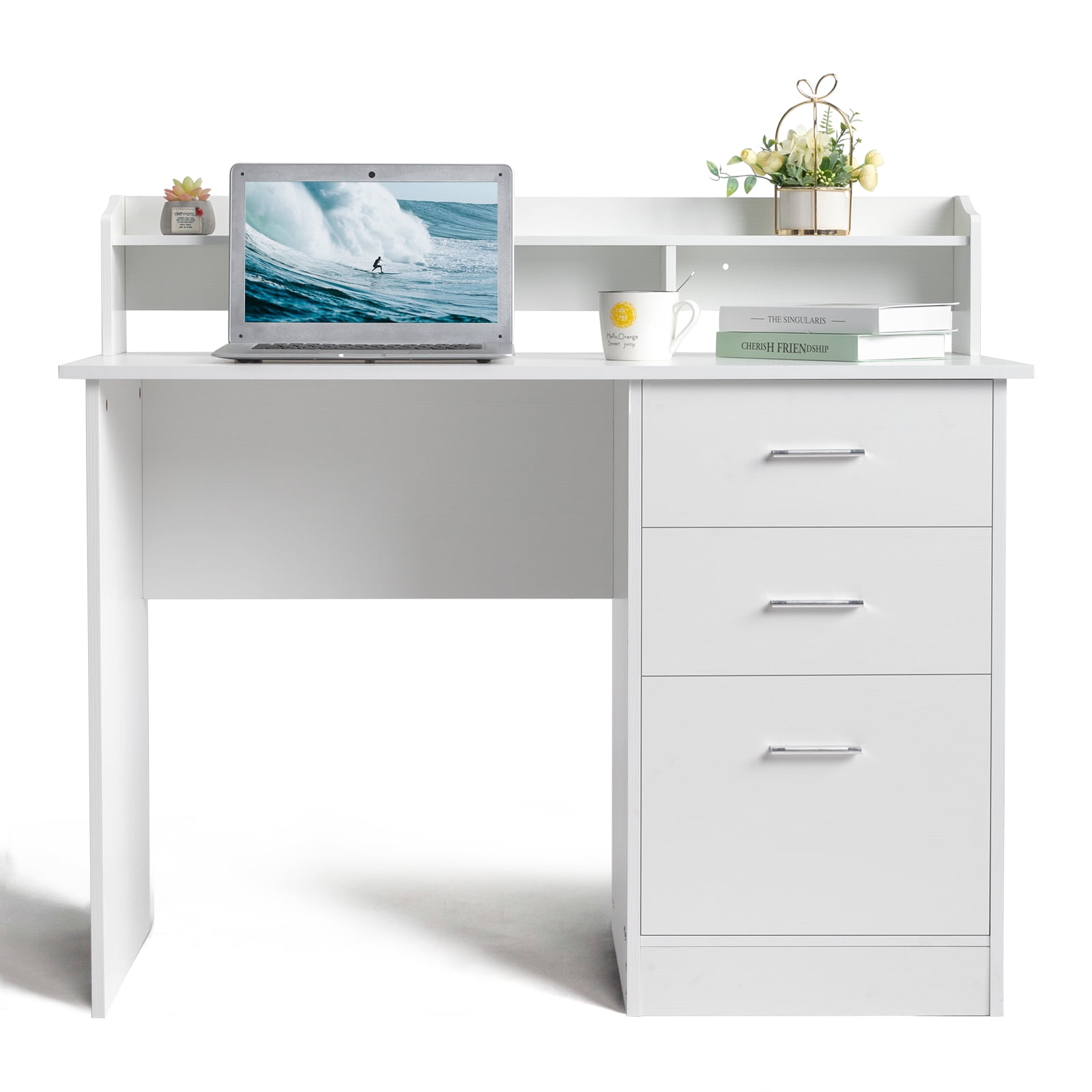 Ktaxon Wood Computer Desk Office Laptop PC Work Table, Writing Desk with 3 Drawers File Cabinet for Letter Size,White